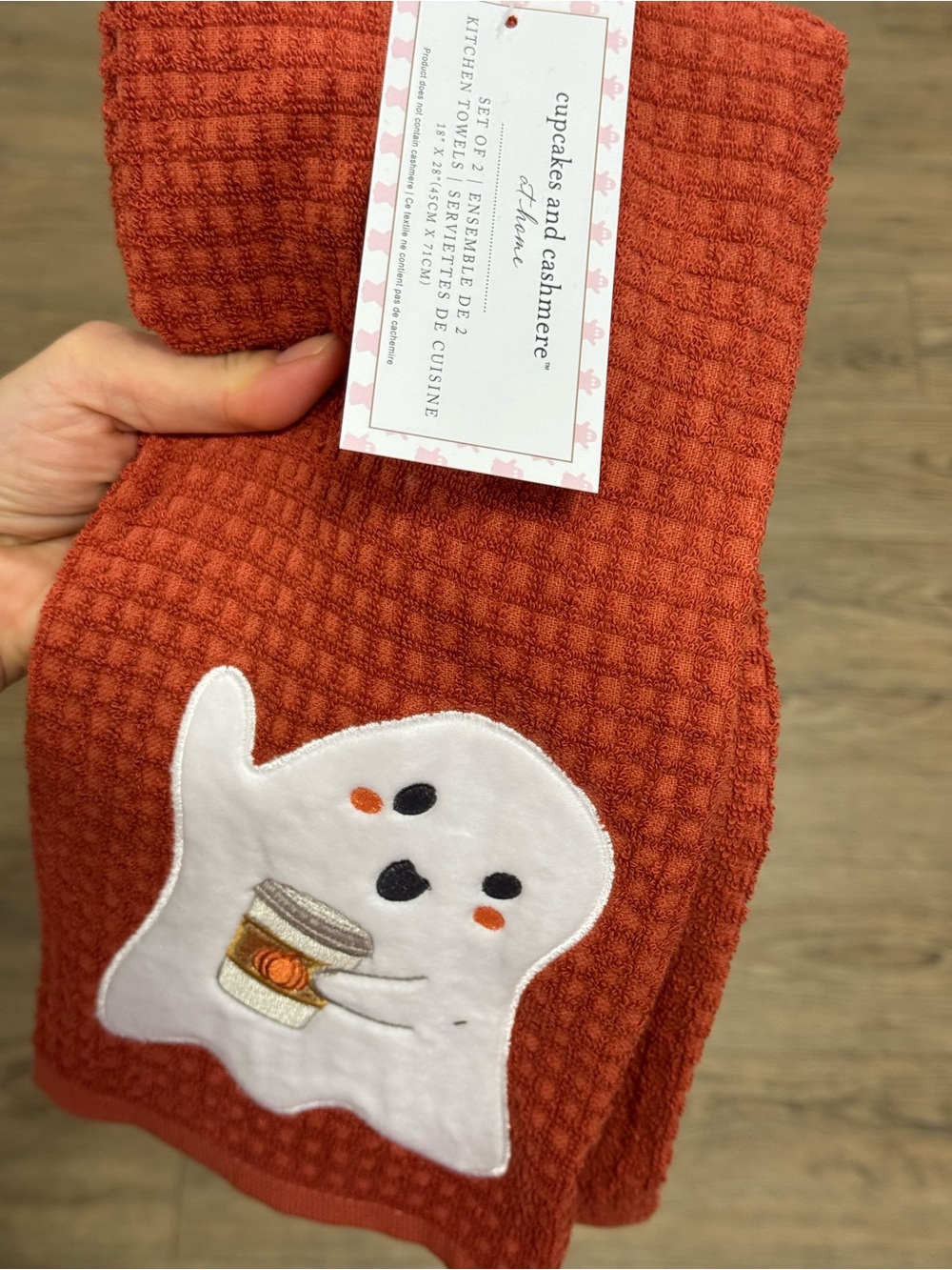 cupcakes & cashmere Orange Waffle Kitchen Towel set 2 with Ghost Appliqué
